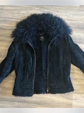 Mango Black Leather Jacket with Fur Collar